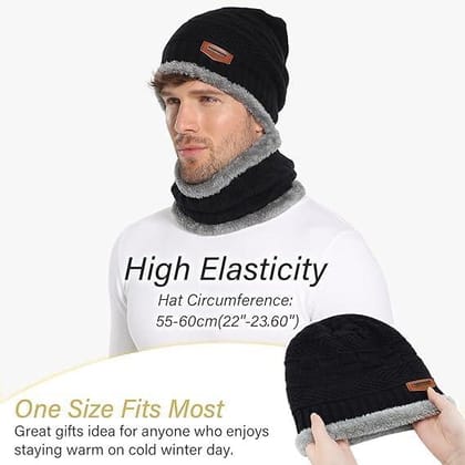 Winter Beanie Cap and Muffler Set for Men and Women, Gym Athletic Wear, 1 Piece Black Winter Beanie Cap and Muffler Set for Men and Women, Gym Athletic Wear, 1 Piece Black