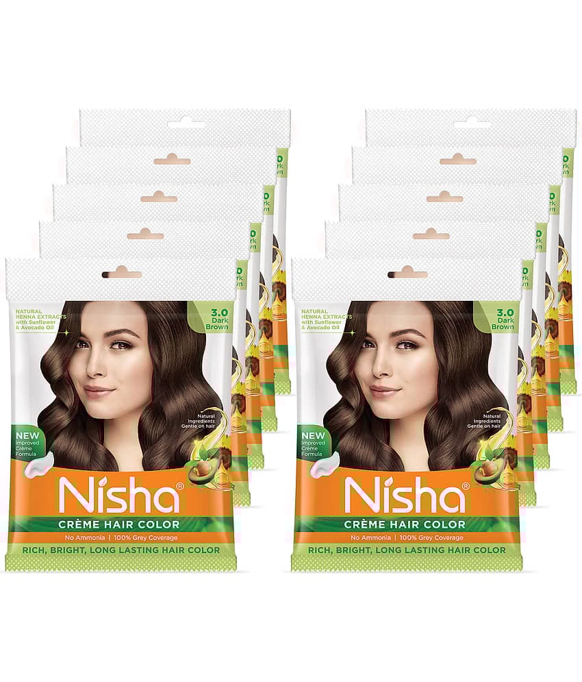 Nisha Creme Hair Color Dark Brown 40g Pack of 10, Permanent Hair Color for Women Men, No Ammonia, 100% Grey Coverage