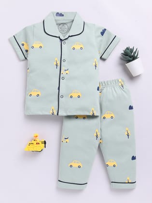 'Cars' Green Cotton Short Sleeves Nightwear Set-6-9 m