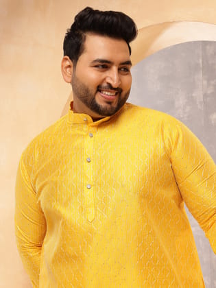 Men's Silk Blend Yellow Long Kurta with Contrast White Thread Detailing-46