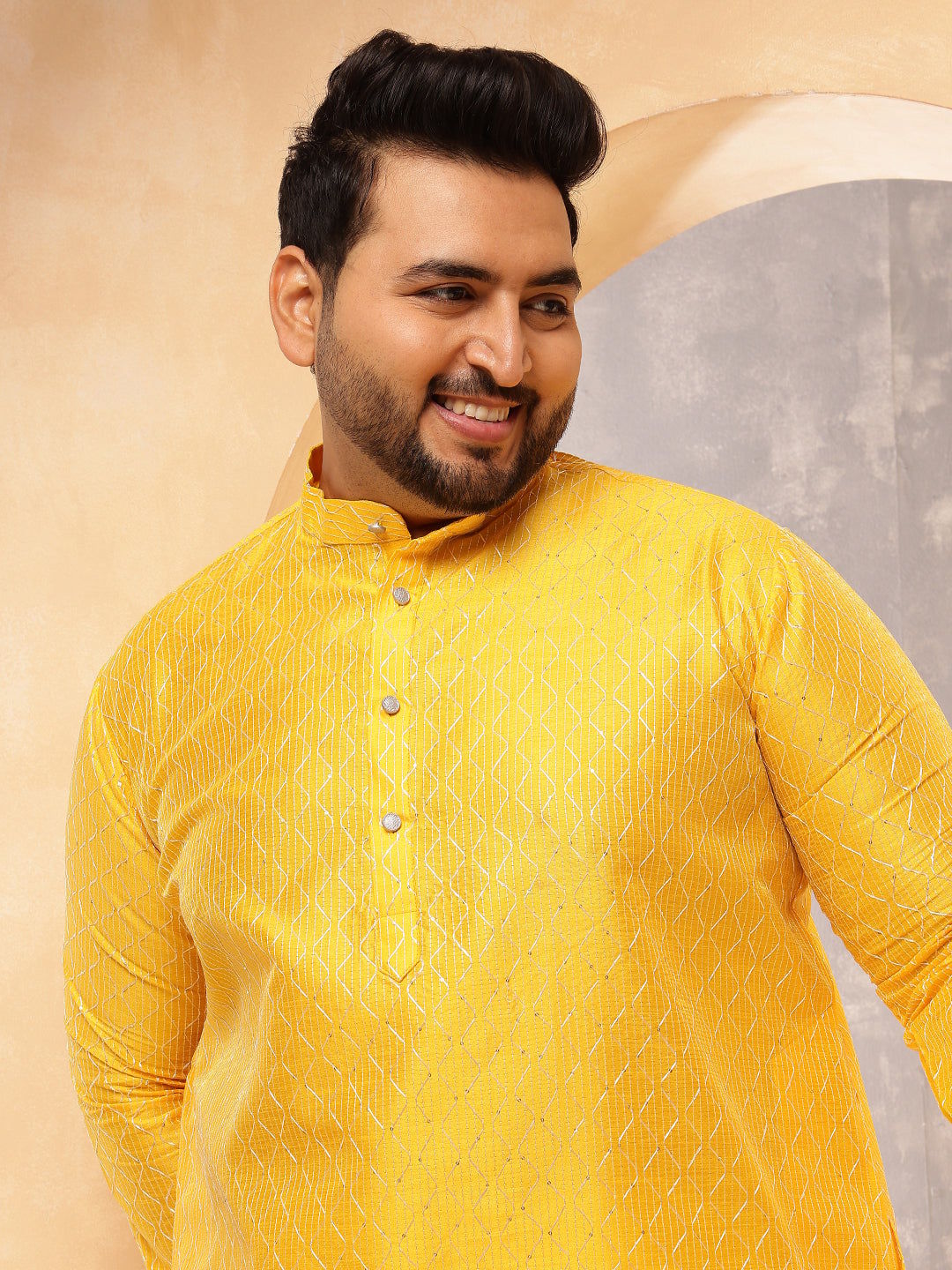 Men's Silk Blend Yellow Long Kurta with Contrast White Thread Detailing-46