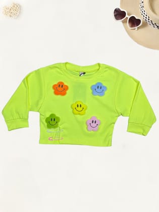 Girl’s Smiley Neon Green T-shirt [GT-659] (4-12Years)-5-6Y (Size - 26) / Neon Green / Ribbed