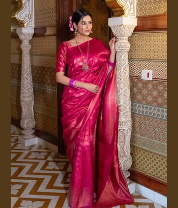 fab woven Art Silk Woven Design Banarasi saree With Unstitched Blouse Piece ( Rani )