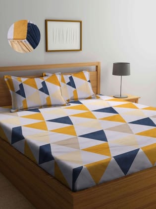 Yellow & Blue Geometric 300 TC King Bedsheet with 2 Pillow Covers