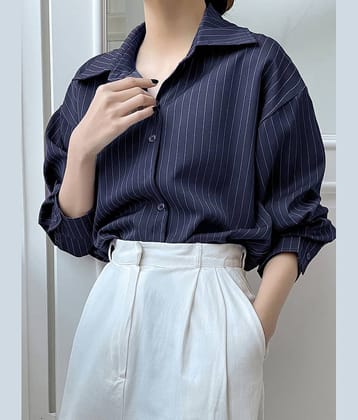 Aahwan Women Striped Polyester Shirt ( Blue )