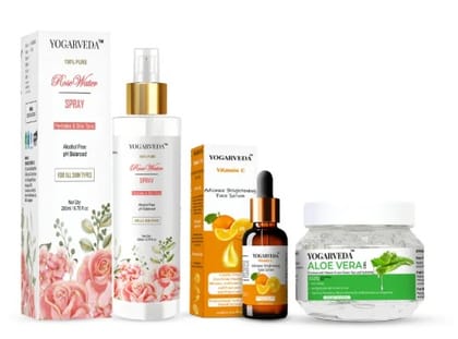 YOGARVEDA Aloe Vera Gel (200g)+Vitamin C Face Serum (30ml)+Rose Water Spray(200ml) Combo  (Pack of 6, 30 ml, 200 ml, 200 g)