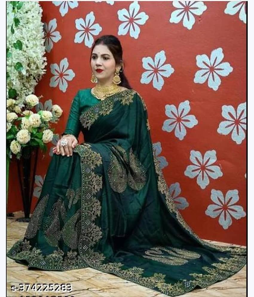 Shivadit ethnic Chiffon Embellished Saree With Unstitched Blouse Piece ( Green )