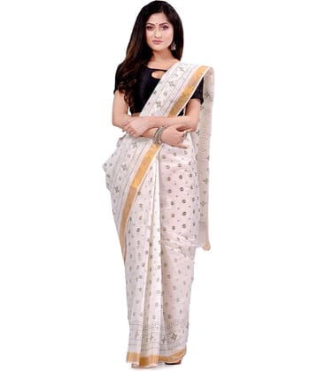 Desh Bidesh Cotton Self Design Saree Without Blouse Piece ( White )