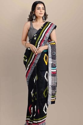 TheHangr Women's Black Saree With Multicolor Geometrical Design