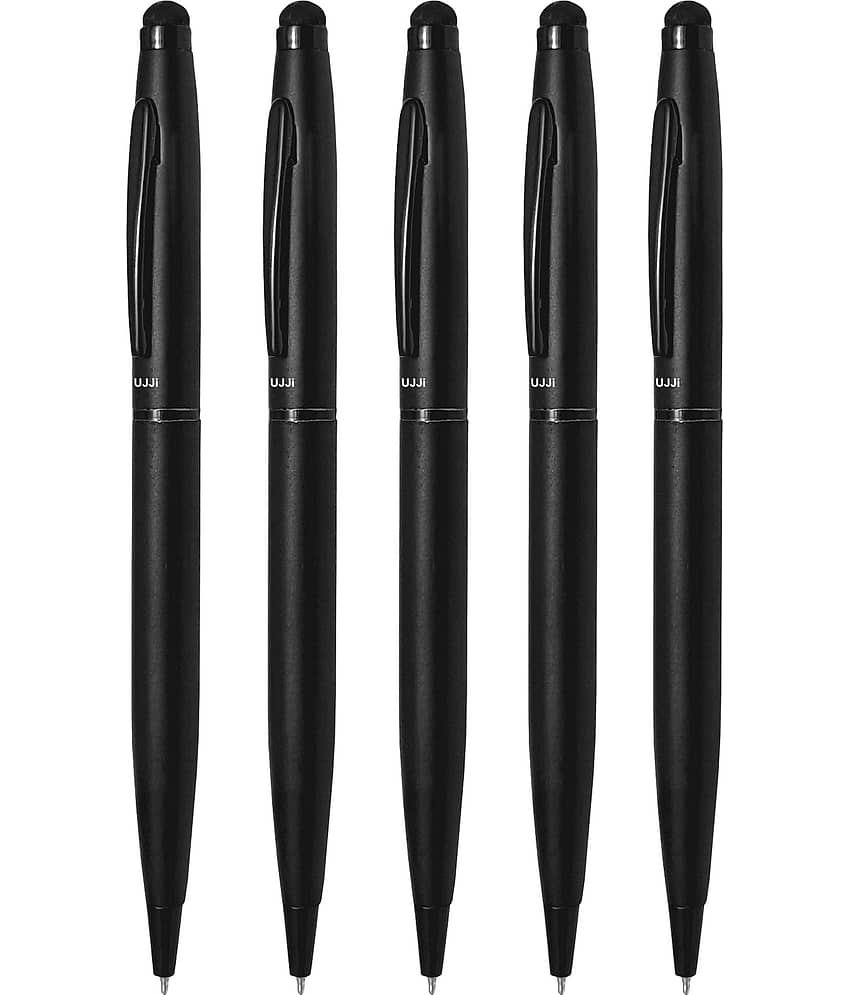 UJJi Matte Black Pen with Stylus for Touch Screen Pack of 5pcs (Blue Ink) Ball Pen