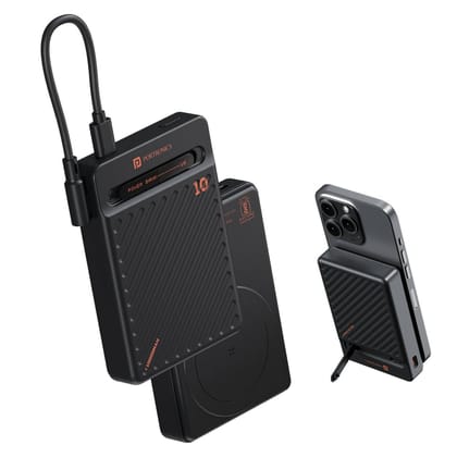 Portronics Chyro 10000mAh Magnetic Wireless Fast Charging Powerbank with MagSafe Mobile Stand,in-Built Type C Cable (Black)