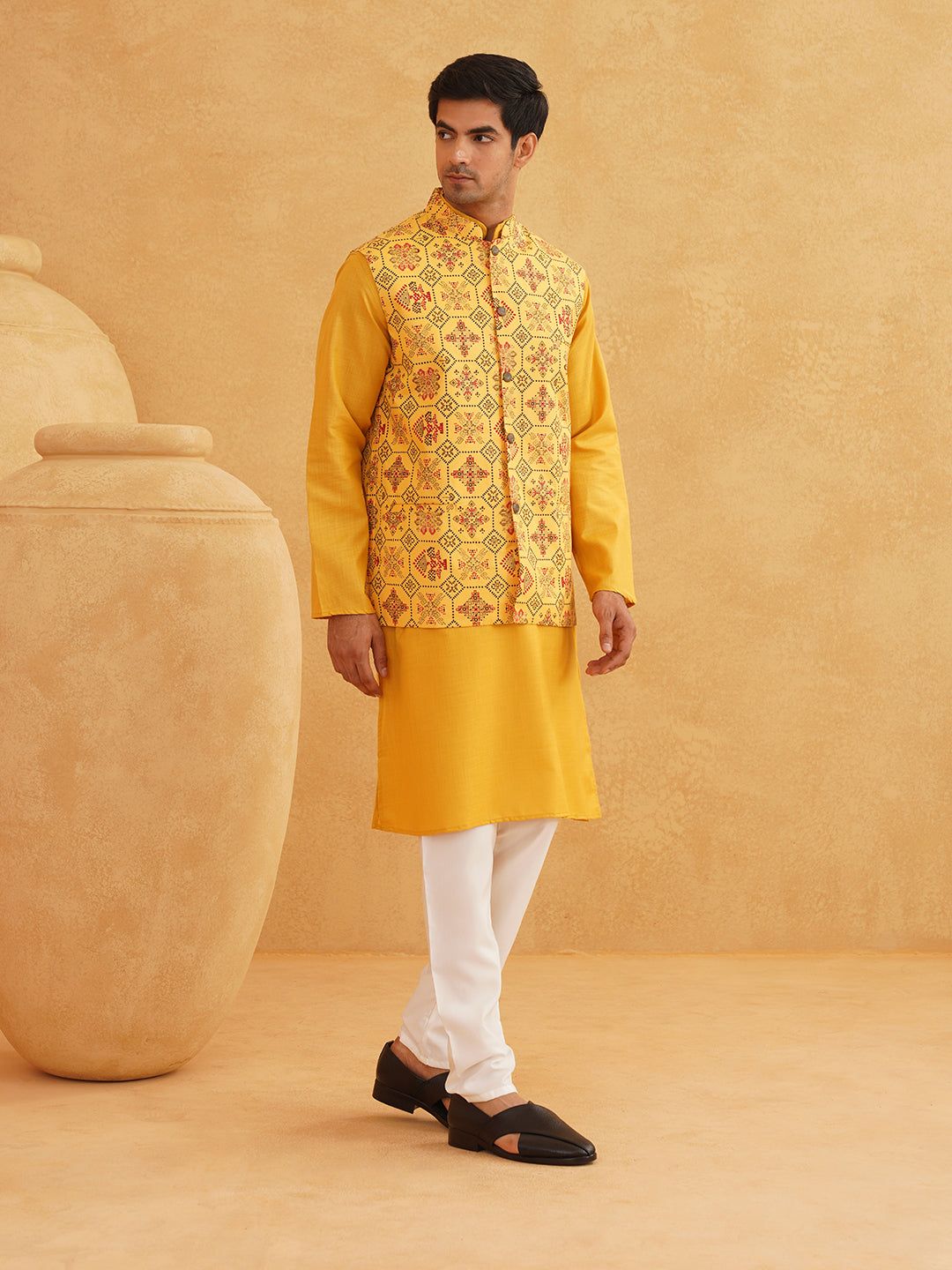 Cotton Mustard Solid Kurta & Printed Nehrujacket With white churidar-36
