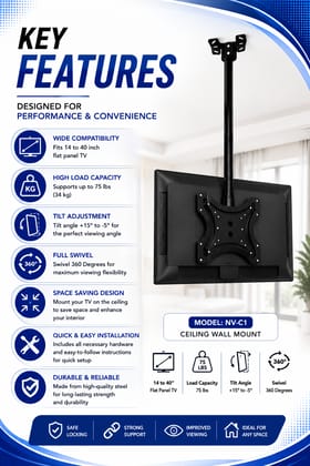 NOVEL NV-C1 Heavy Duty Ceiling TV Mount Stand for 14–40 Inch LED/LCD/Smart TVs | 75 lbs Load Capacity | 360° Swivel & +15°/−5° Tilt Adjustment | Space-Saving TV Mount Bracket