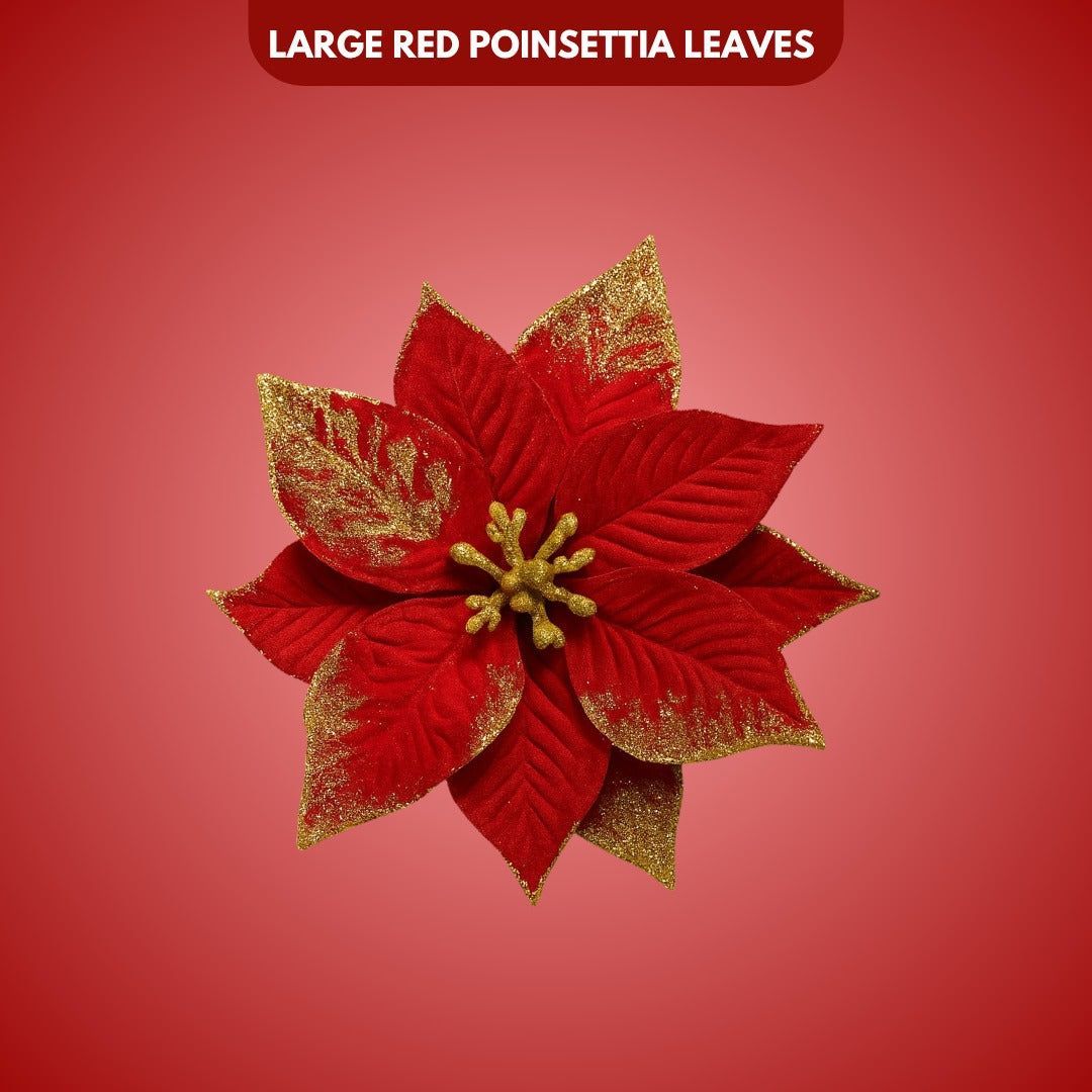 Large Red Poinsettia Leaves with Golden Glitter - 1PC