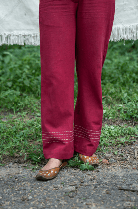 Kantha Embroidered Pants - Burgundy-XS