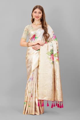 Yavira silk Women's Cream Floral Silk Blend Saree