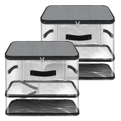 Storite 2 Pack Nylon PVC Transparent Expandable Organizer Storage box for Clothes Closet Wardrobe Space Saving Self Compression Organizer for Clothes Saree Bags with Carry Handle (Grey, 35x44x32 cm)