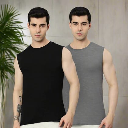 Heelium Bamboo Gym Vest for Men - Pack of 2-Black | Grey / Small