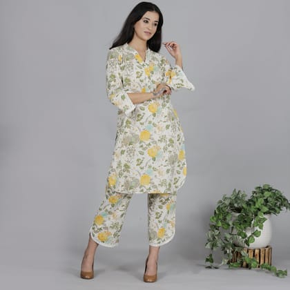 Yellow floral printed cotton flax co-ord set-XS
