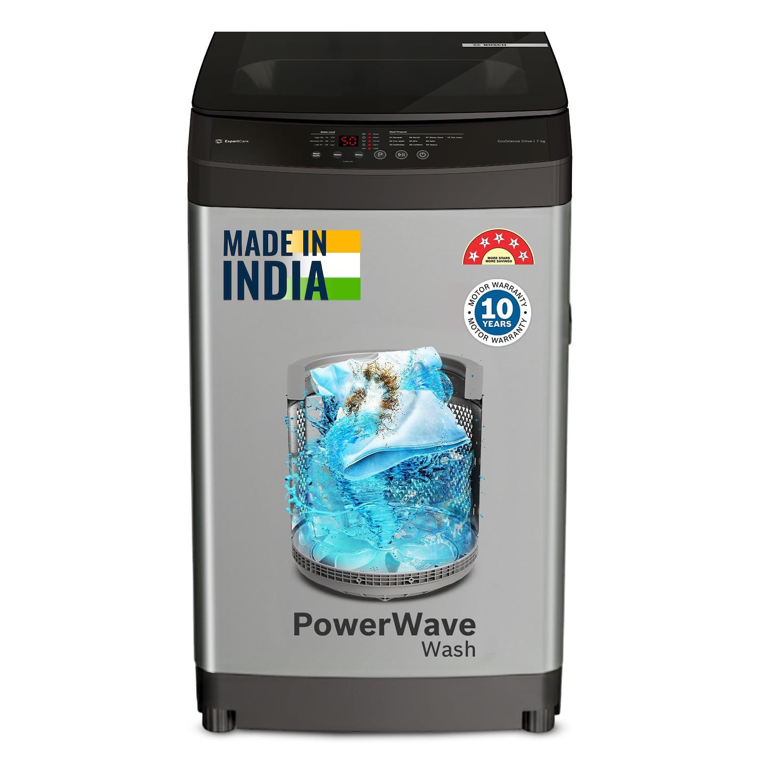 Bosch 7 kg 5 Star Fully Automatic Top Load Washing Machine,PowerWave Wash,Inbuilt Dual Lint Filter, Stainless Steel VarioDrum with 5 fin Pulsator, Water Save, Flex Drain, Dark Grey (WOE70AH0IN) Bosch 7 kg 5 Star Fully Automatic Top Load Washing Machine,P