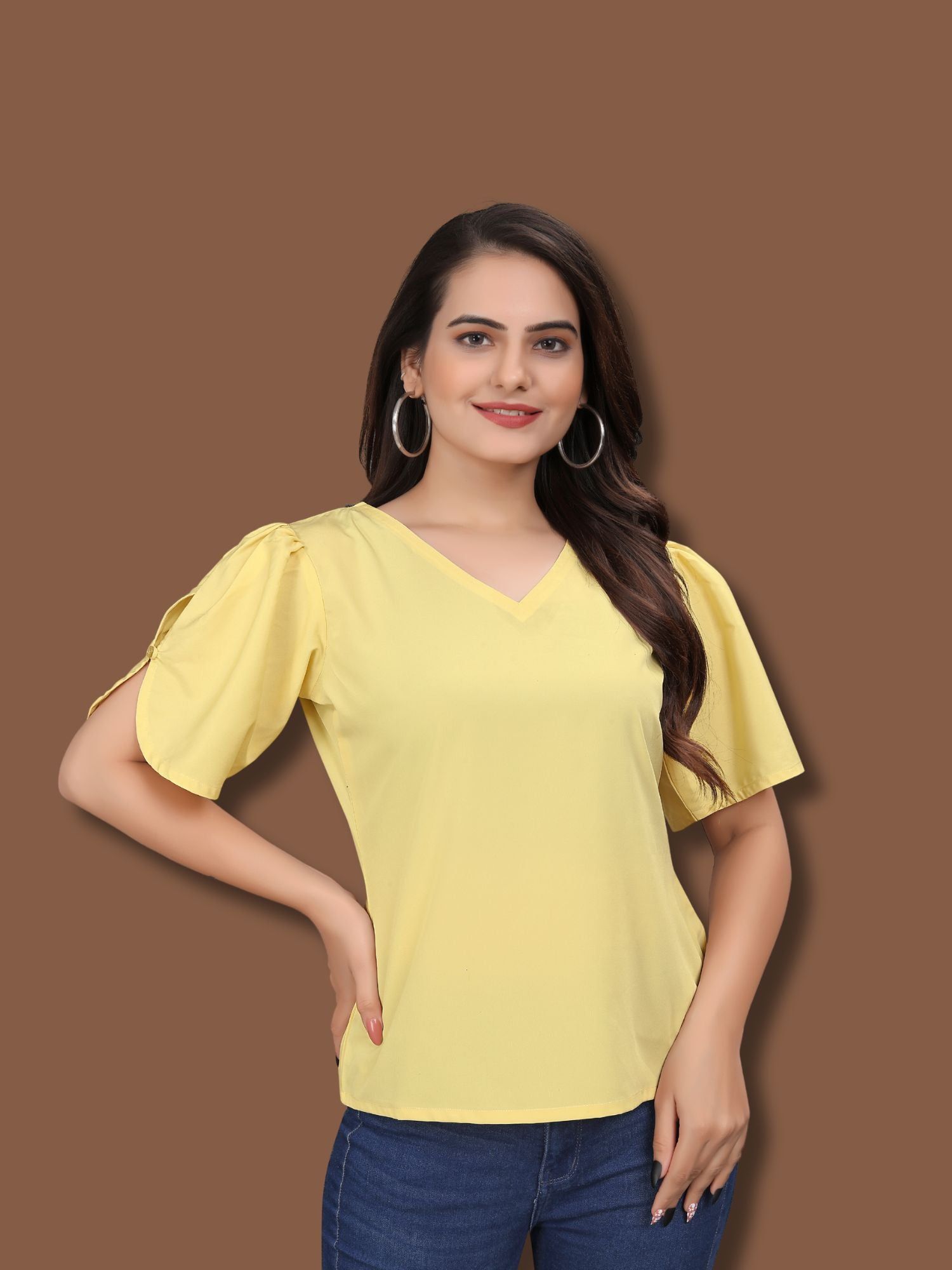 OWO THE LABEL women top yellow color solid pattern womens top stylish and trending (OTLTPS2001)-Small