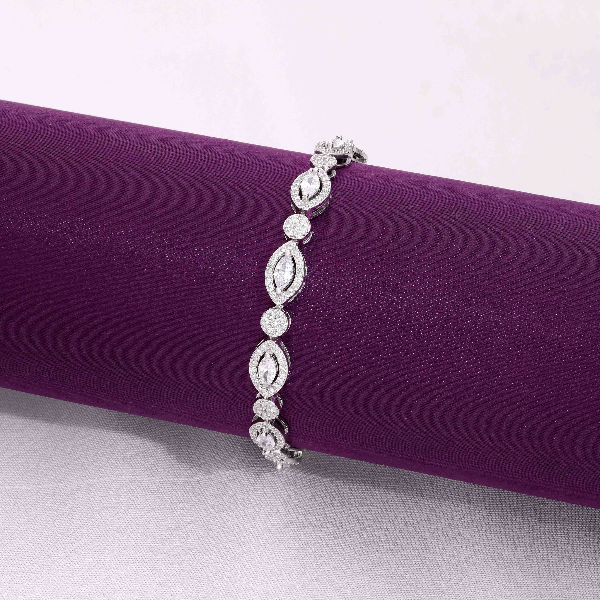 Stylish Pear And Bezel Silver Tennis Bracelet-White Stone / Silver