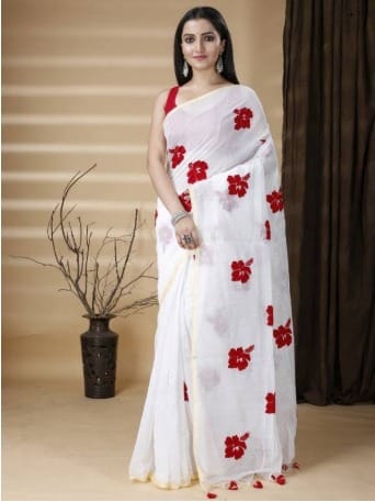 Handloom Floral Embroidered Cotton Blend Saree