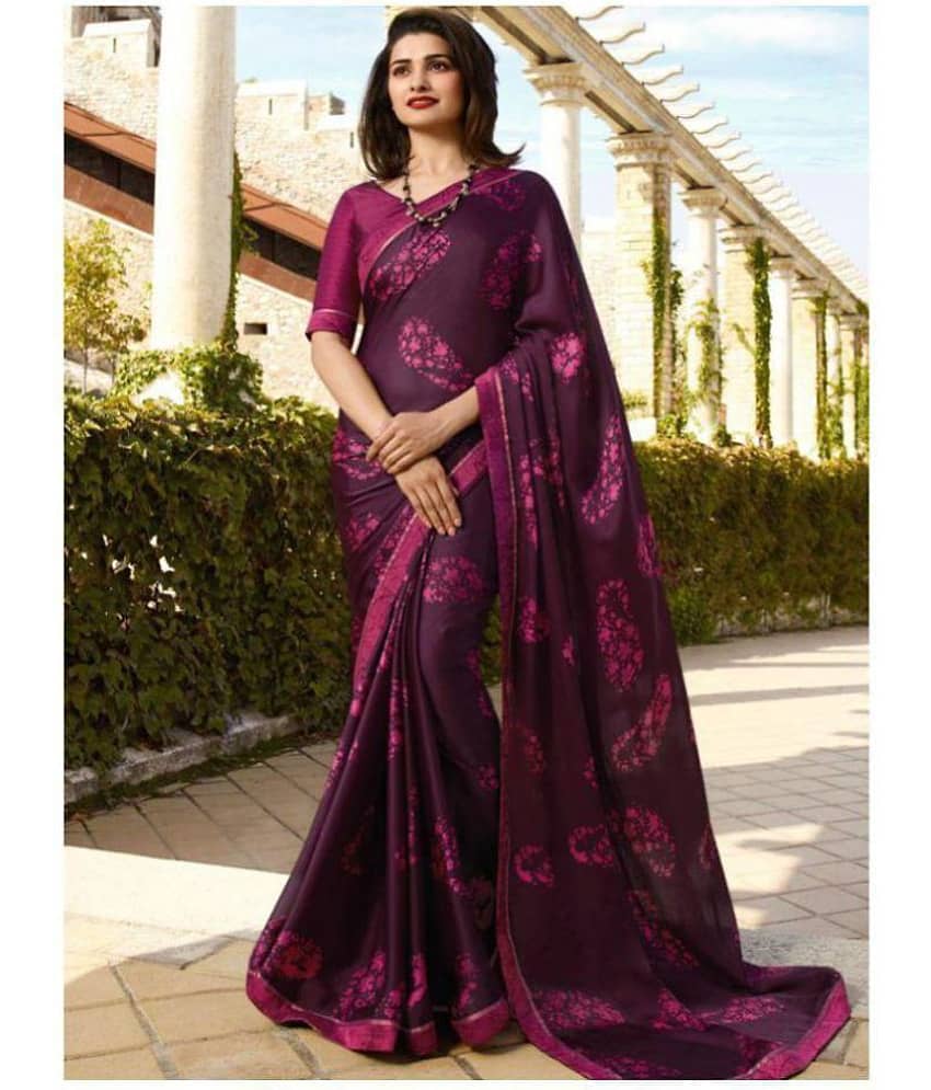 Gazal Fashions Chiffon Printed Saree With Unstitched Blouse Piece ( Purple )