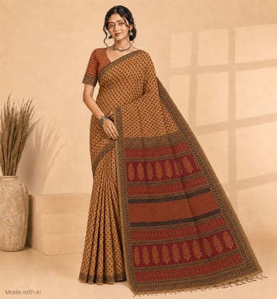 Handcrafted Bagh Print Sausar Cotton Saree 