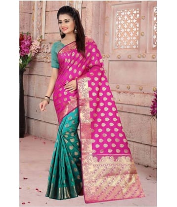 Gazal Fashions Silk Printed Saree With Unstitched Blouse Piece ( Pink )