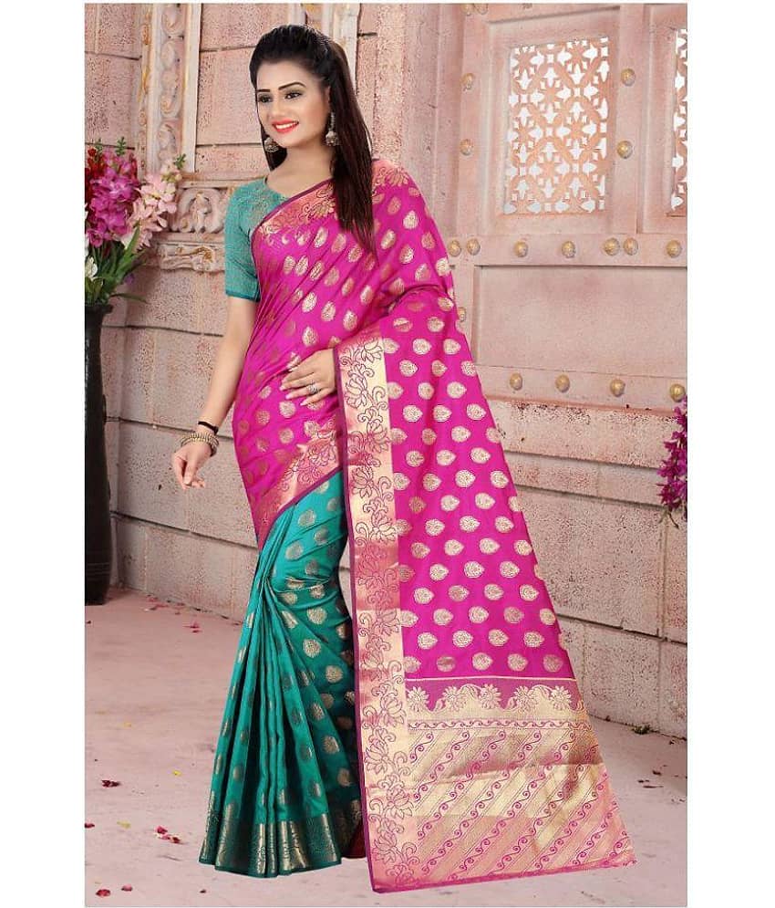 Gazal Fashions Silk Printed Saree With Unstitched Blouse Piece ( Pink )
