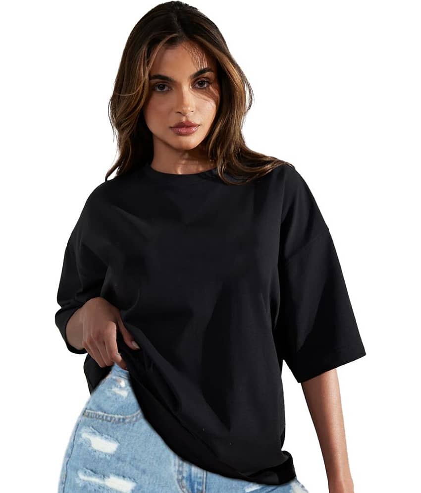 Trond Women Cotton Blend Printed Oversized Fit Round Neck T-Shirt ( Black )