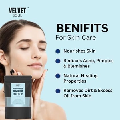 Velvet Soul Cambrian Blue Clay for Facial Mask | Reduce Acne, Blemishes & Pimples | Hair Treatment & Repair | 100 gms