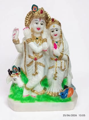 Radha Krishna Marble Idol with Cow & Peacock