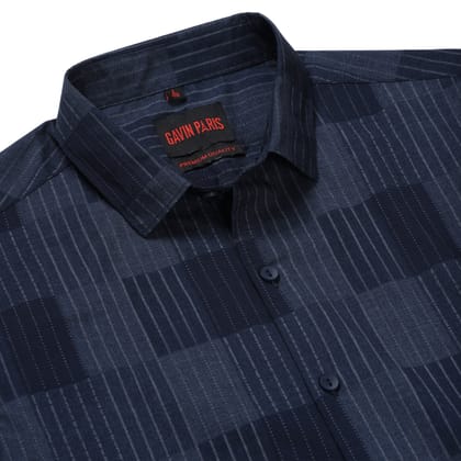 Navy Blue Striped Slim Fit Cotton Men's Full Sleeve Shirt (GP367)-M-38 / Full Sleeve