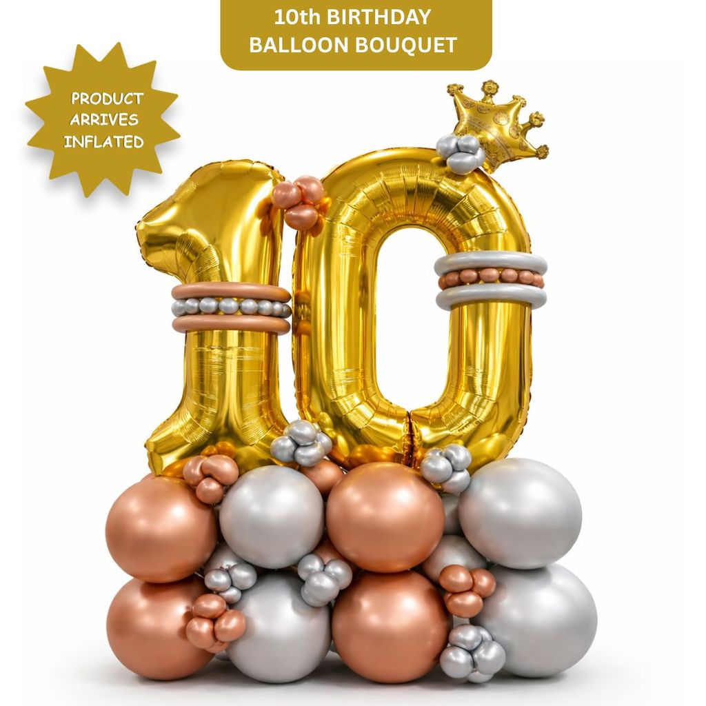 Signature Number 10 Large Golden Balloon Bouquet Arrangement with Small Crown & Silver, Rosegold Latex Balloons - Party and Festive Needs | Buy online on ZillyBuy