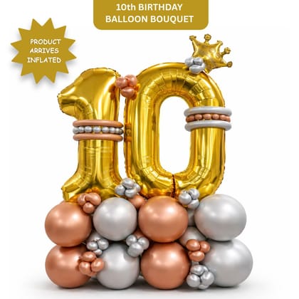 Signature Number 10 Large Golden Balloon Bouquet Arrangement with Small Crown & Silver, Rosegold Latex Balloons