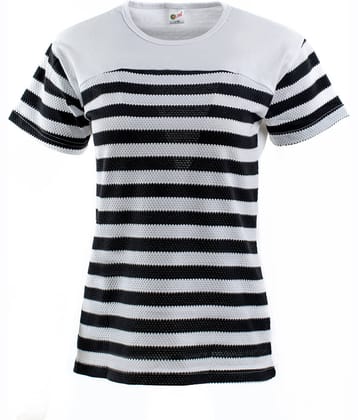VEE SAA Women Cotton Striped Regular Fit Round Neck T-Shirt ( Black )