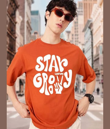 Leotude Men Cotton Blend Oversized Fit Printed T-Shirt ( Orange )
