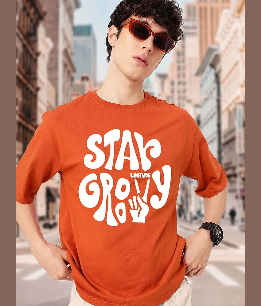 Leotude Men Cotton Blend Oversized Fit Printed T-Shirt ( Orange )