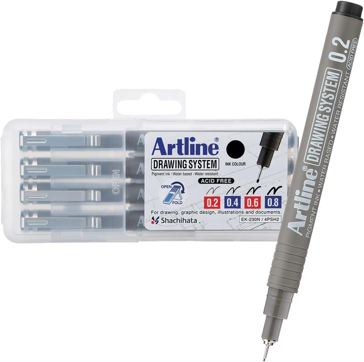 Artline Drawing System Pen Pack of 4 | Black Colour - 0.2mm, 0.4mm, 0.6mm, 0.8mm Fine Tips | Technical Drawing Pens For Drafting, Illustrating & More