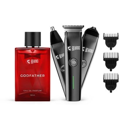 Beardo Ape-X Prime 3-in-1 Trimmer + Godfather EDP Perfume for Men | Beard, Nose & Ear Trimmer with Type-C Charging | Long Lasting Spicy Eau de Parfum, 100ml | Grooming & Fragrance Gift Set for Men, Husband, Boyfriend Black