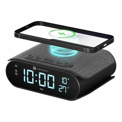 Portronics VoltClock 15W Wireless Charger for All Compatible Wireless Charging Smartphones, Digital Clock, 2 Alarm Setting with Snooze Button, Room Temperature Display,Wireless Fast Charging (Black)
