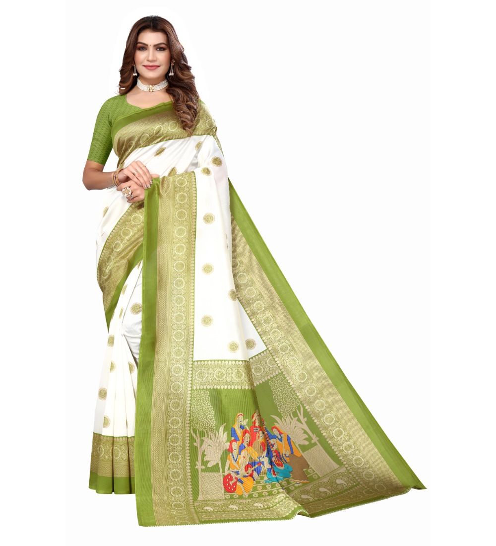 Women's Art Silk Printed Saree with Unstitched Blouse (Green, 5-6 Mtrs)