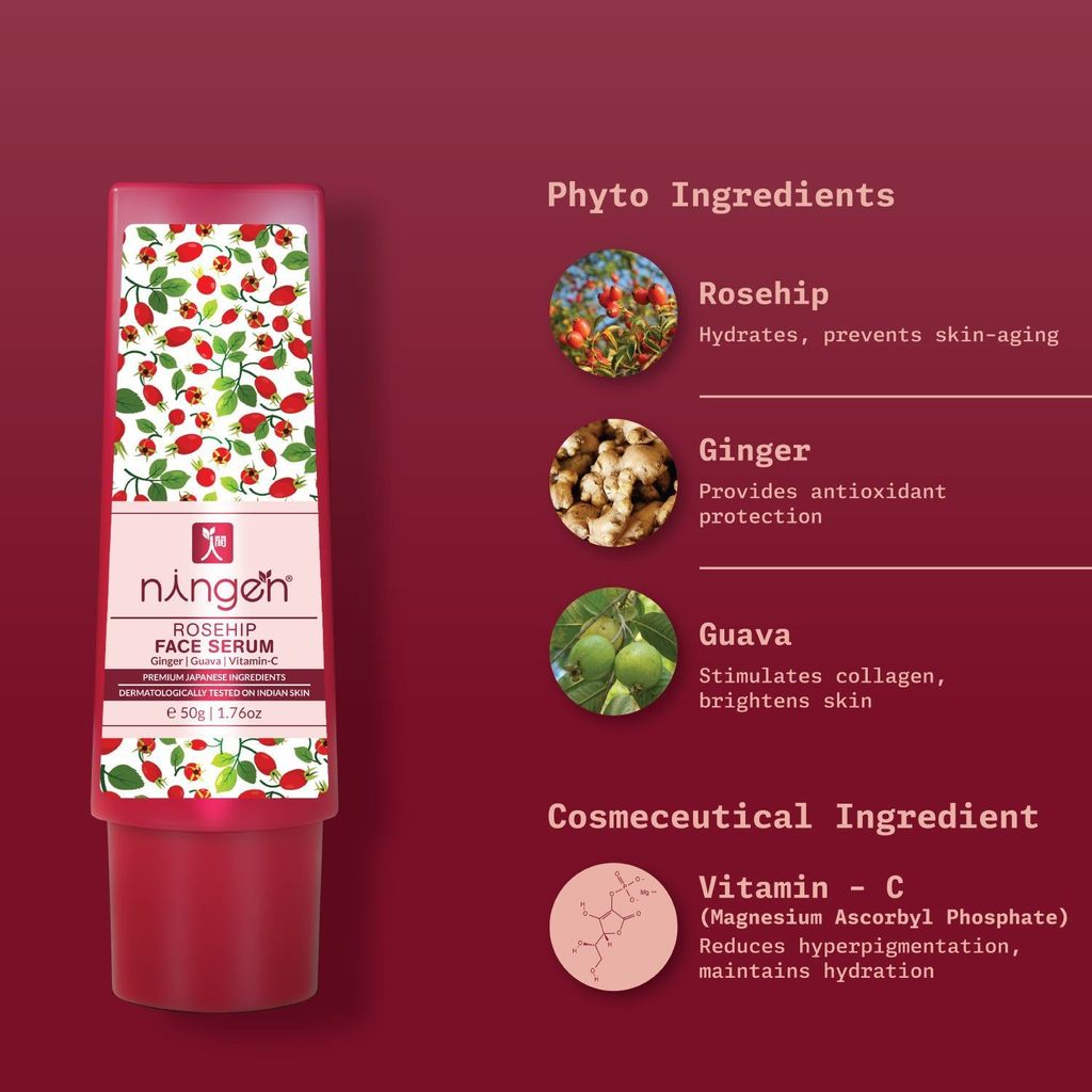 Ningen Rosehip Face serum I Goodness of Ginger, Guava, Vitamin-C I Dermatologically Tested, Paraben Free I Helps Reduce Fine Lines, Improve Overall Skin Texture I 50g