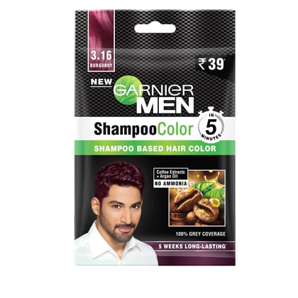 Garnier Men, Liquid Hair Colour, 100% Grey Coverage, Shampoo Color, 3.16 Burgundy, 10Ml+10Ml