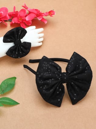 Sequins Bow Bracelet & Hairband Set -Black-one Size / Black