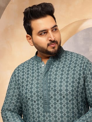 Men's Cotton Ethnic Motifs Embroidered Teal Blue Long Kurta-46