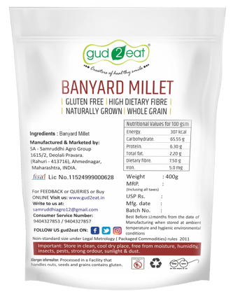 Gud2Eat Barnyard Millet | Gluten-Free | High Fiber & Protein | Healthy Millet Grain | 800g (Pack of 2 , 400g x 2 )