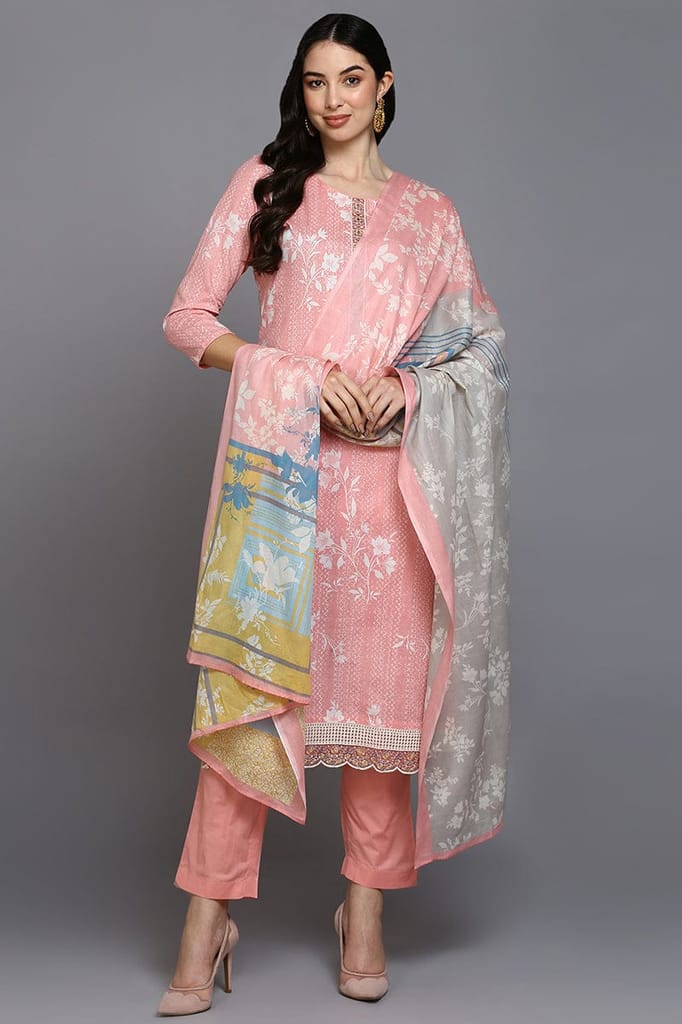 Peach Cotton Blend Ethnic Motifs Straight Suit Set VKSKD1879 - Kurtas & Kurta Sets | Buy online on ZillyBuy